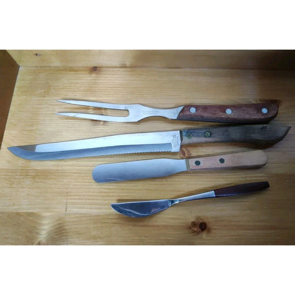 Knife Fork LOT of 4 Vintage Stainless Wood Handle Mid Century Modern Japan+++